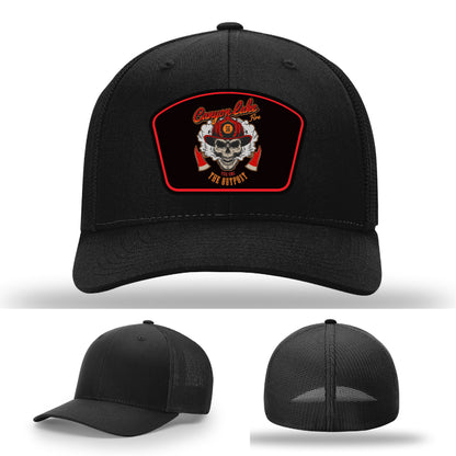 firefighter hat featuring Canyon Lake Fire/EMS patch design