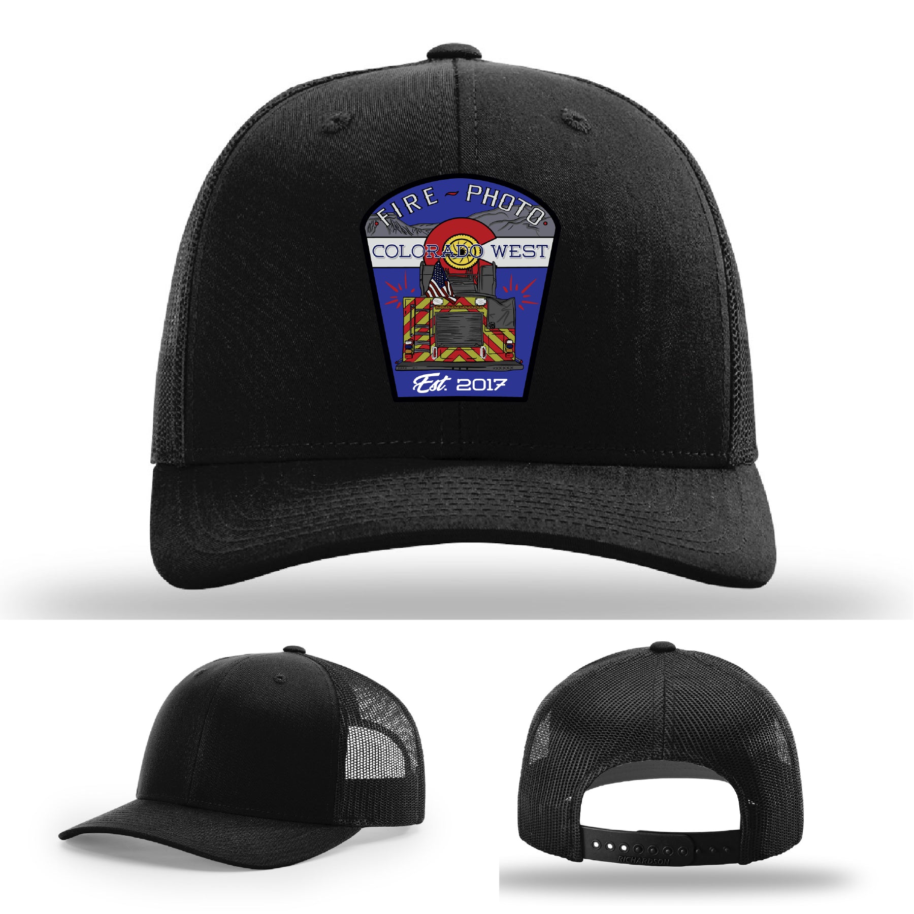 Fire crew hat designed with patriotic fire helmet and hose layout – leather patch firefighter hat
