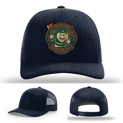 Paterson Fire Department leather patch hat featuring Madison Ave Engine 1 and Ladder 1 design – firefighter Richardson hat
