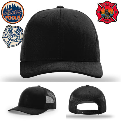 Liberty City FOOLS firefighter hat logo variants – hat variant mockup for FOOLS design selection.