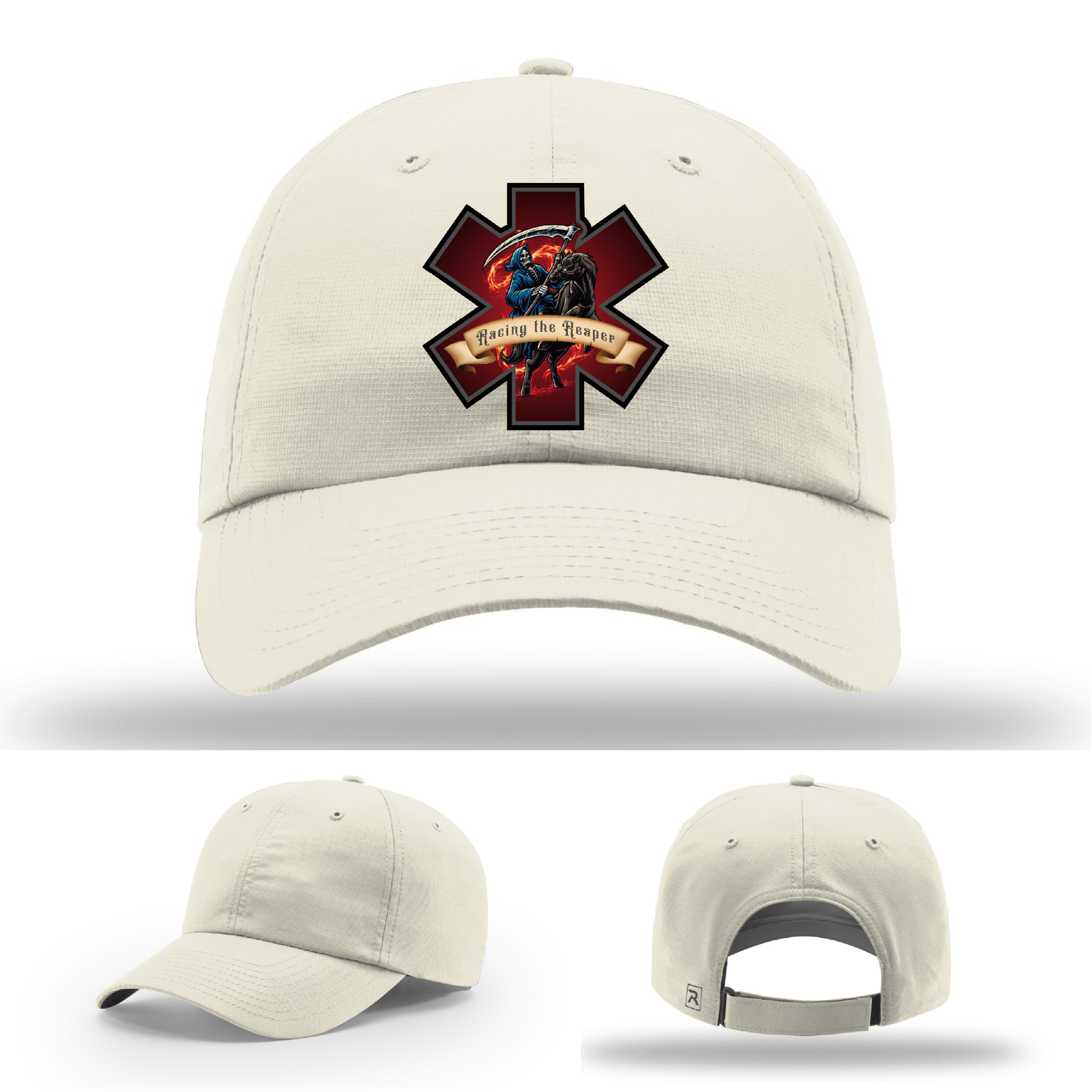 Grim Reaper patch variants – Racing the Reaper firefighter logos on leather hats