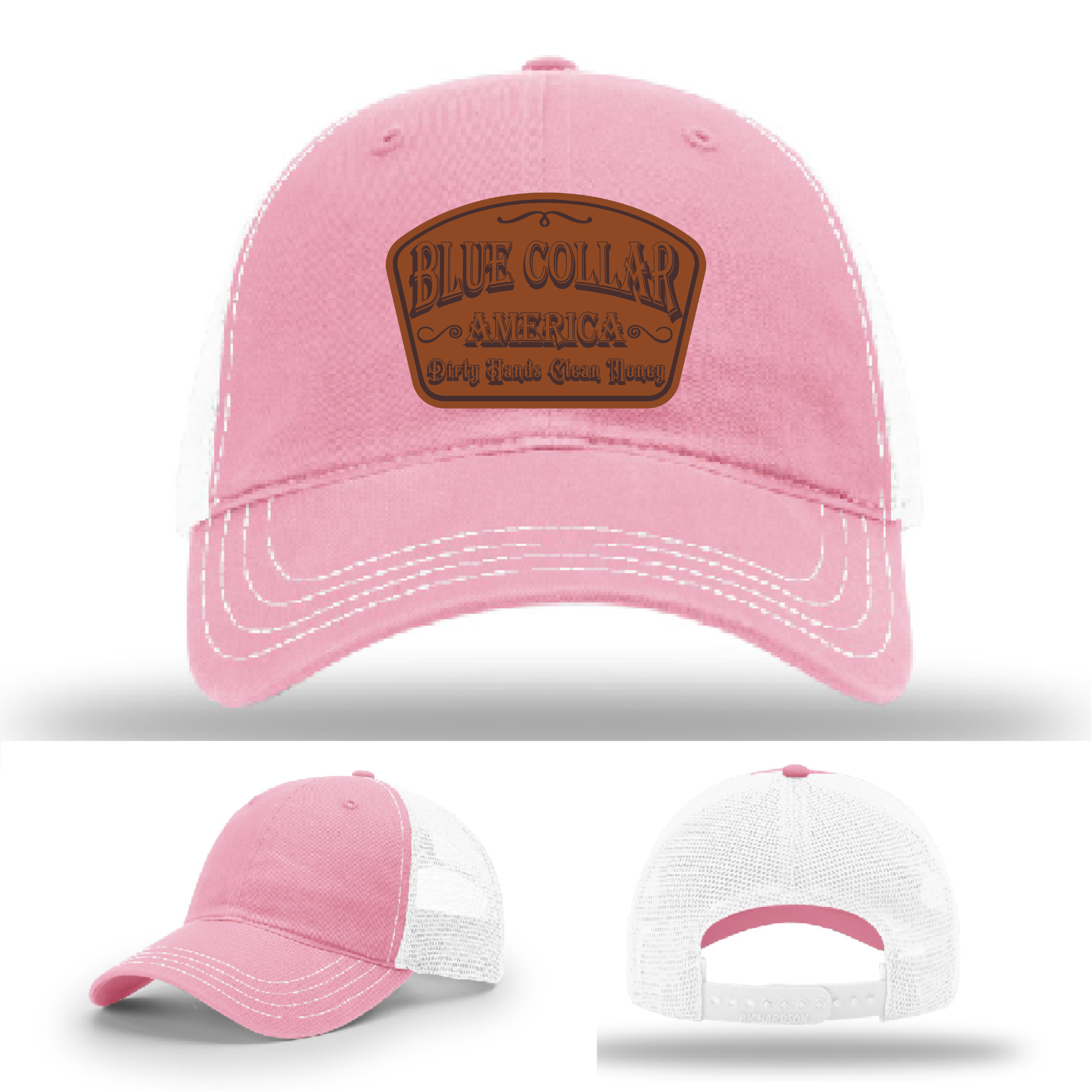 Richardson leather patch hat with 'Blue Collar America – Dirty Hands Clean Money 