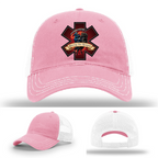 EMS hat logo variants – featuring Racing the Reaper patch designs on Richardson brand leather patch hats