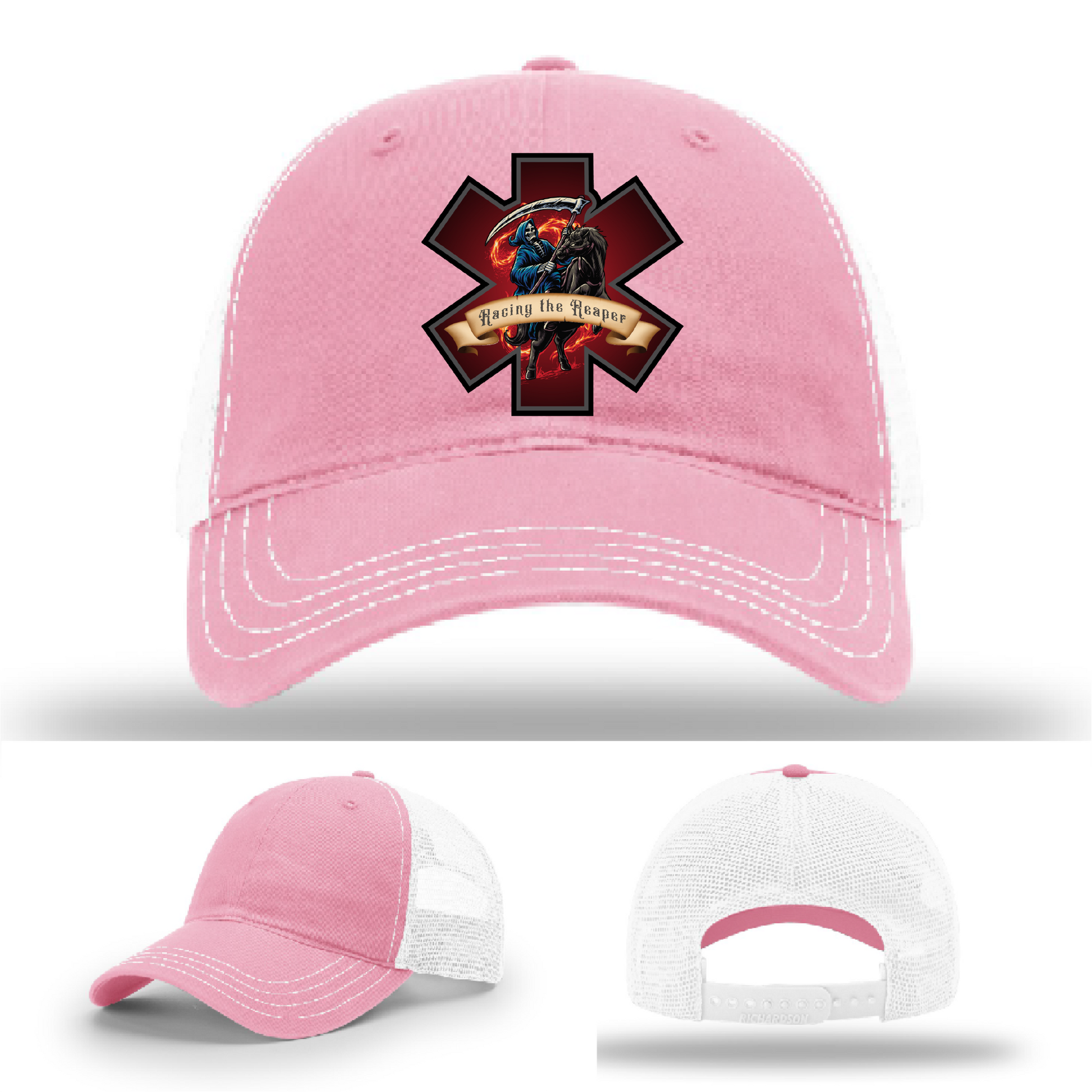 EMS hat logo variants – featuring Racing the Reaper patch designs on Richardson brand leather patch hats