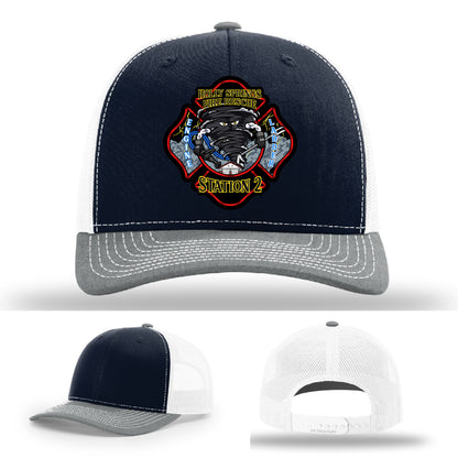 Custom leather firefighter patch gear—Holly Springs Station 2 hat