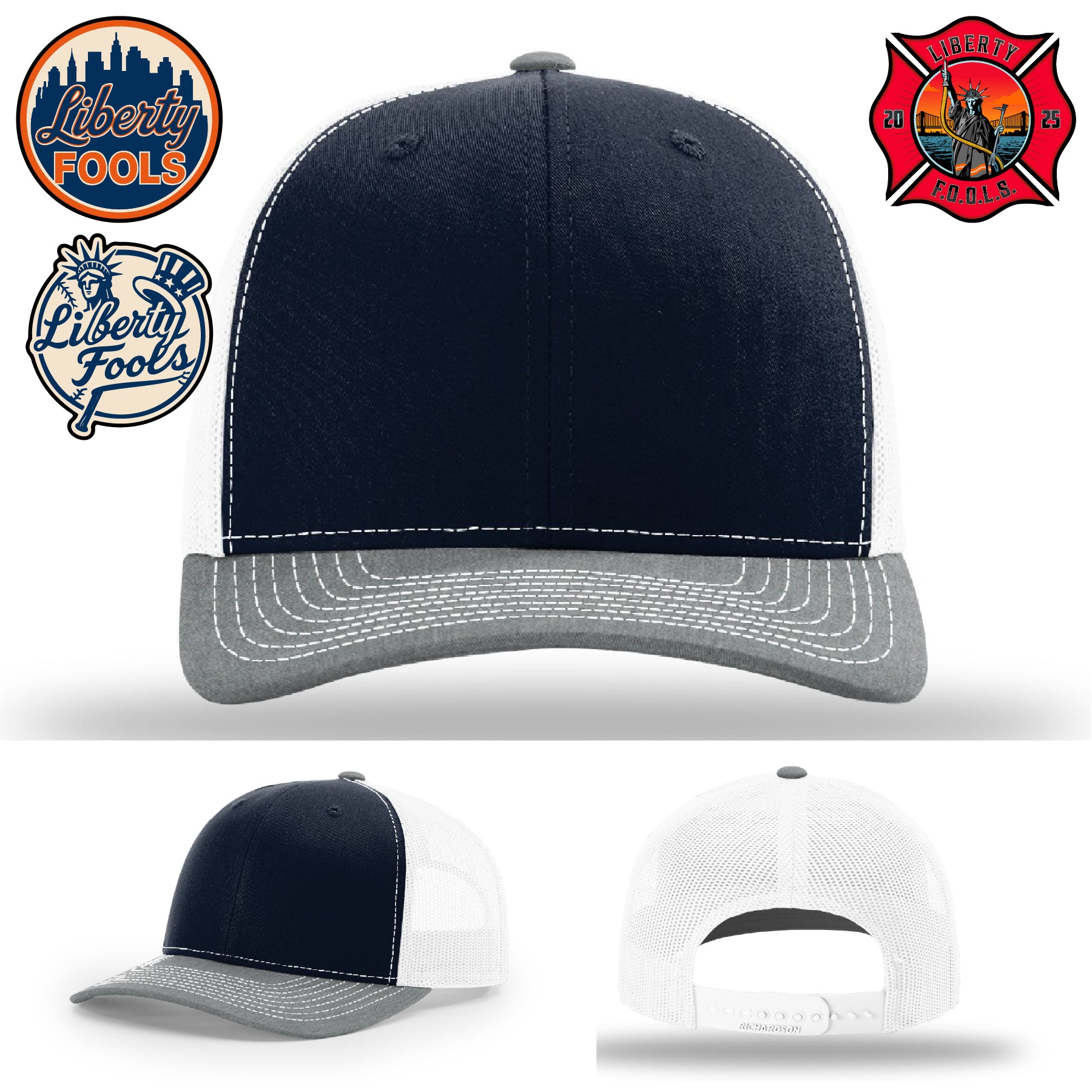 Liberty City FOOLS firefighter hat logo variants – Liberty FOOLS icon comparison on headwear.