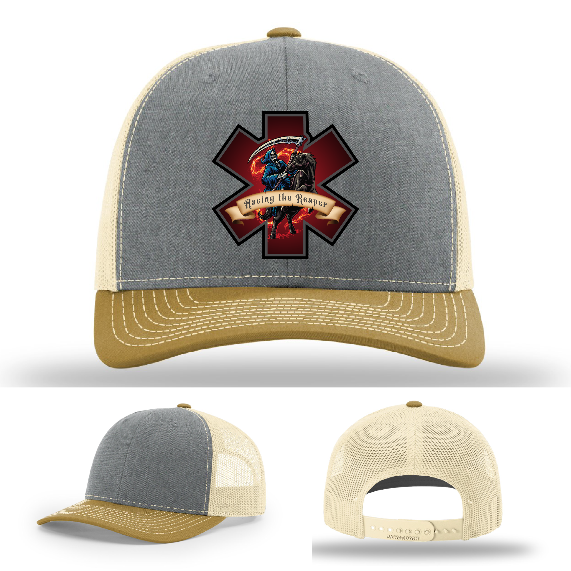 Firefighter EMS hat logo variants – Racing the Reaper theme with Grim Reaper leather designs