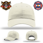 719 FOOLS firefighter leather patch on Richardson hat with skull and axes