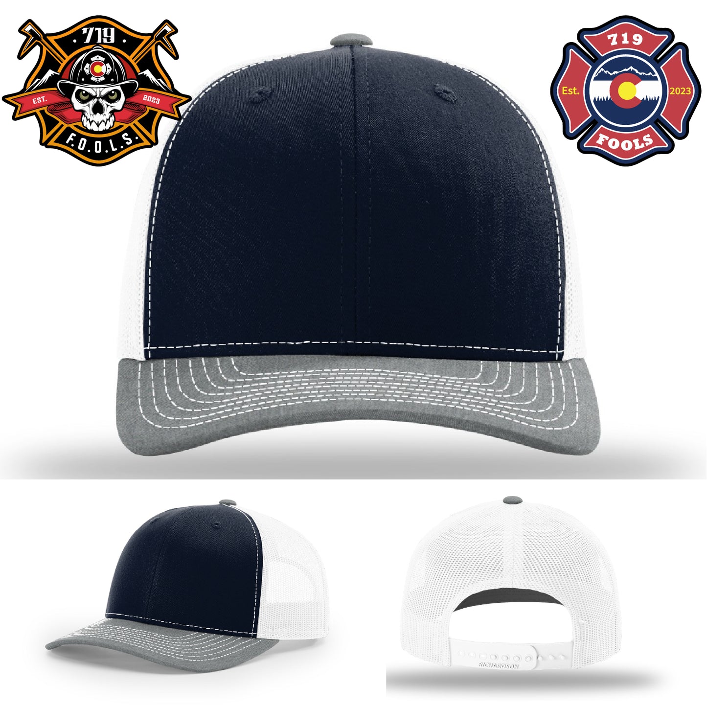 719 FOOLS patch on a Richardson hat – leather firefighter design