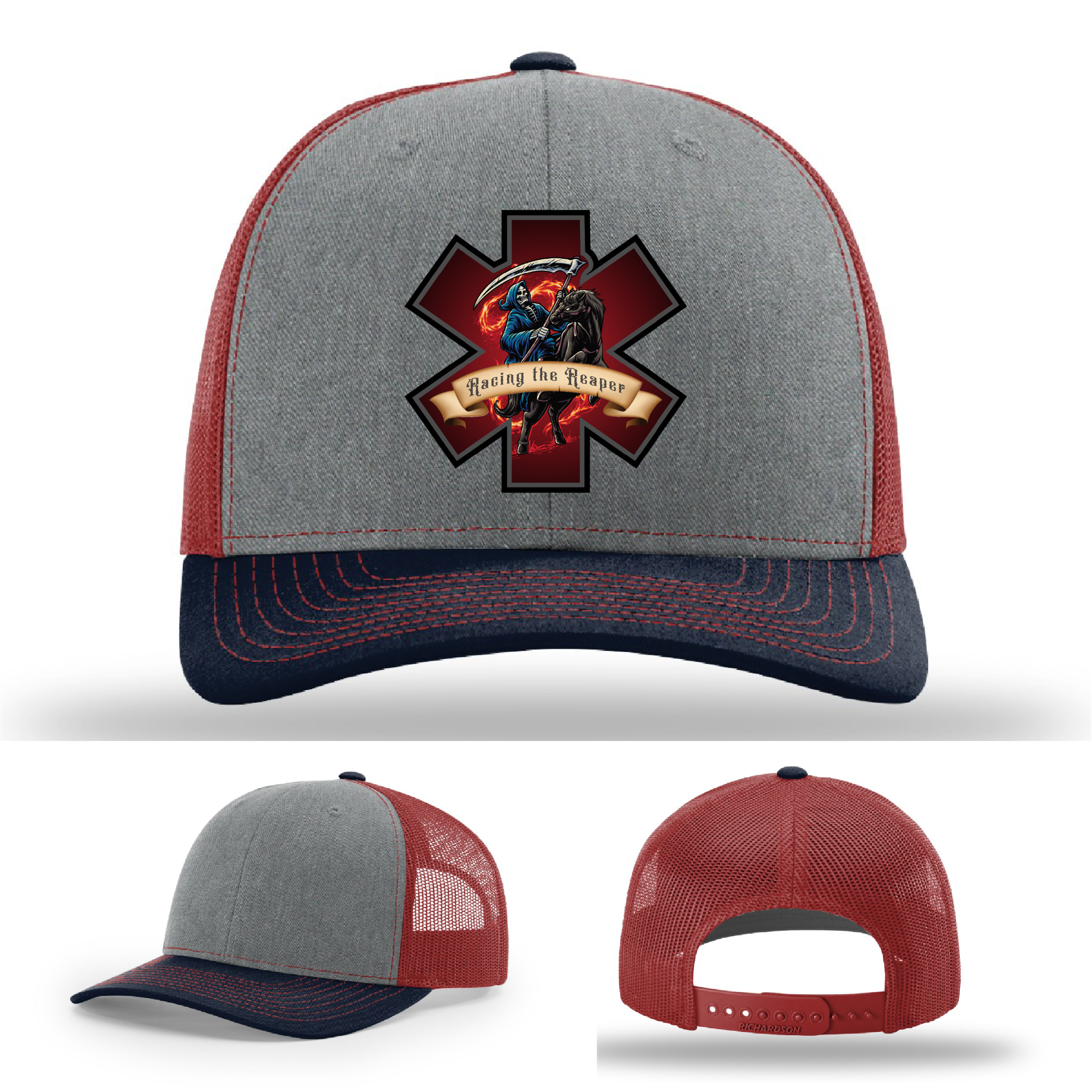 Leather patch EMS logos – Racing the Reaper firefighter themes on Richardson gear