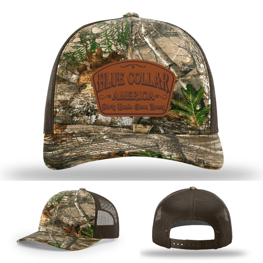 Richardson leather patch hat with 'Blue Collar America – Dirty Hands Clean Money 