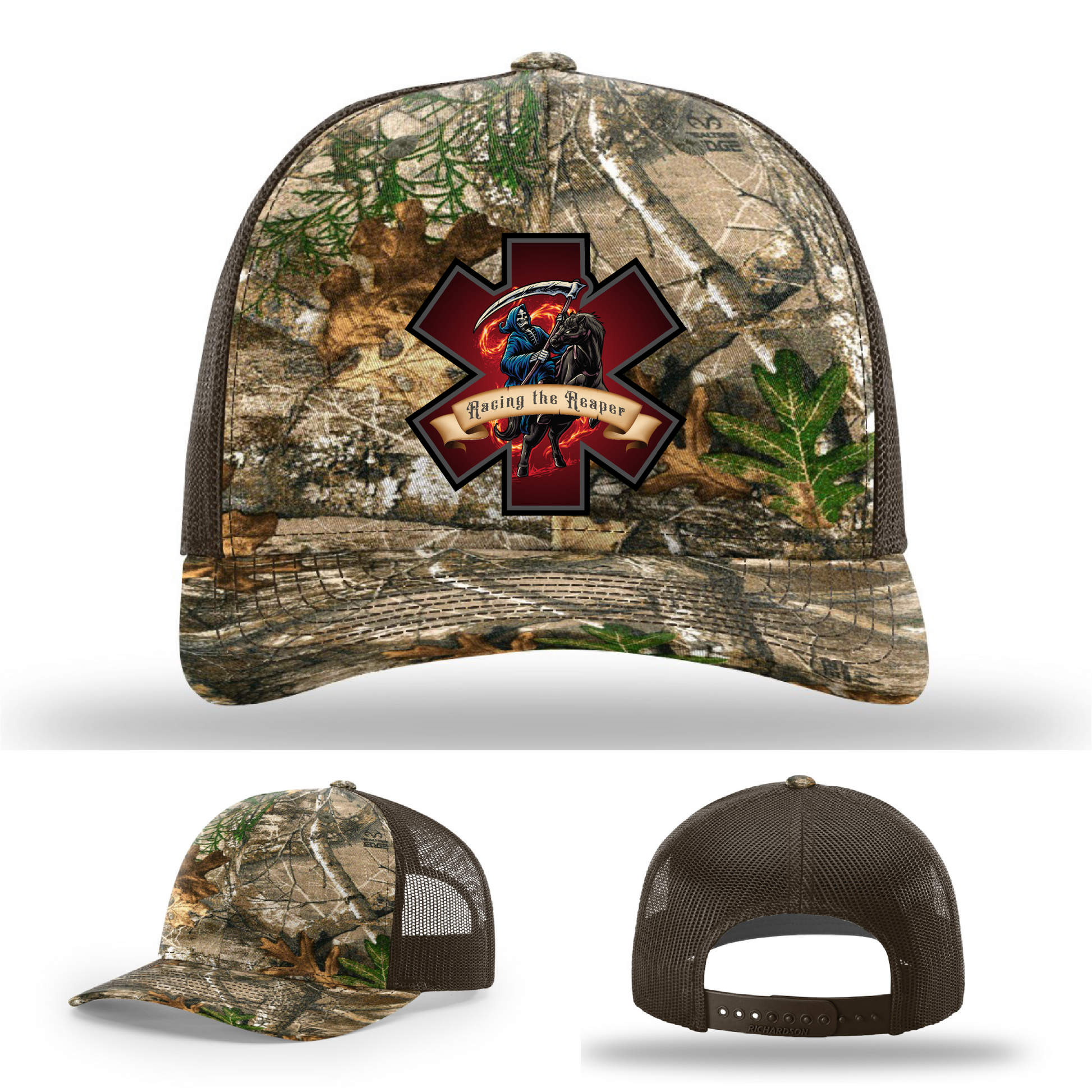 Firefighter Grim Reaper logos – multiple leather patch variants on Richardson hats