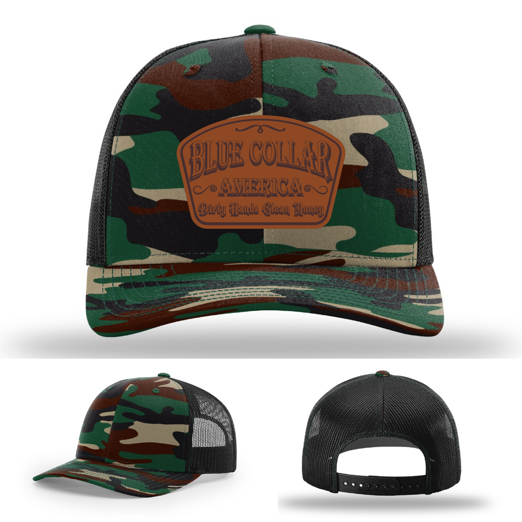 Richardson leather patch hat with 'Blue Collar America – Dirty Hands Clean Money 