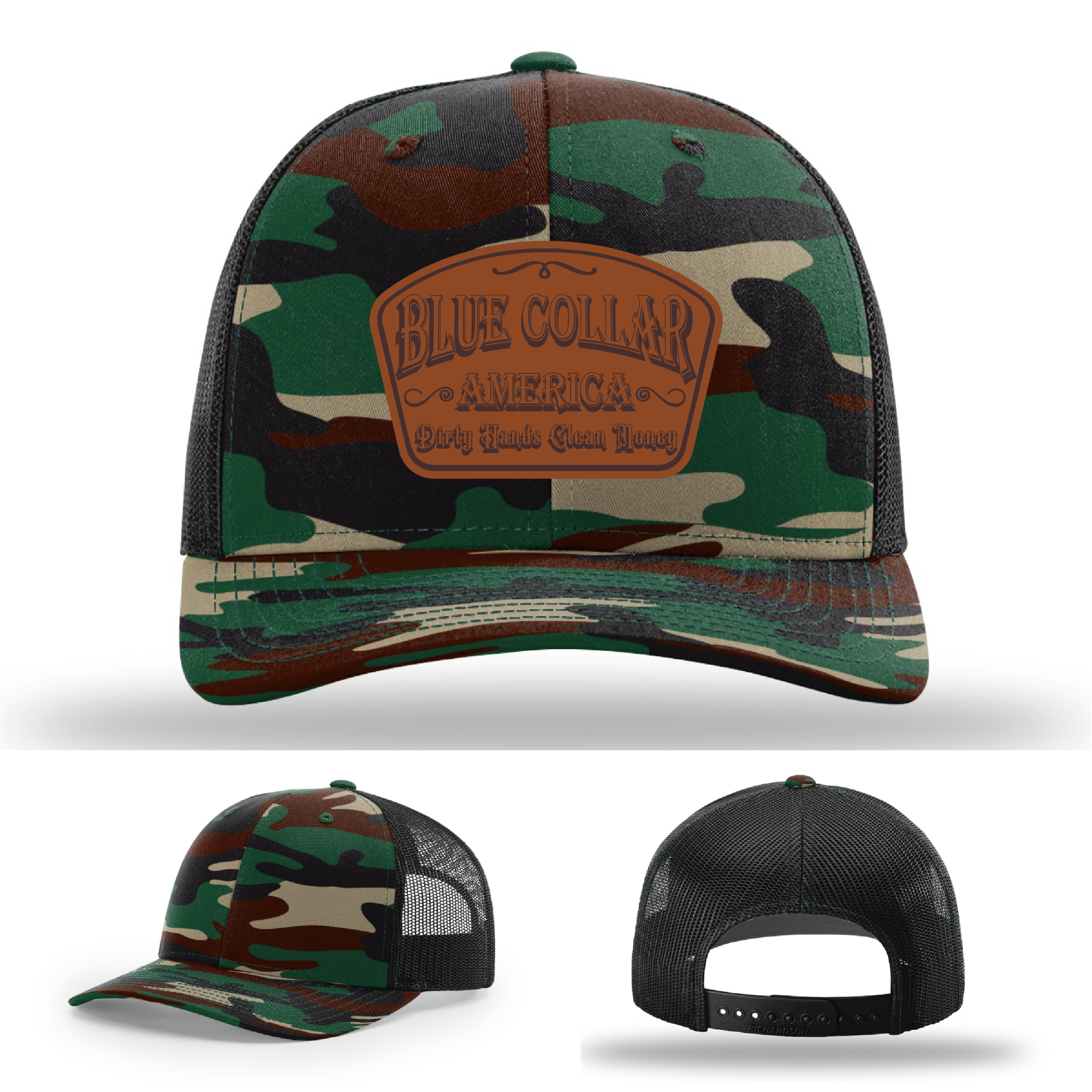 Richardson leather patch hat with 'Blue Collar America – Dirty Hands Clean Money 