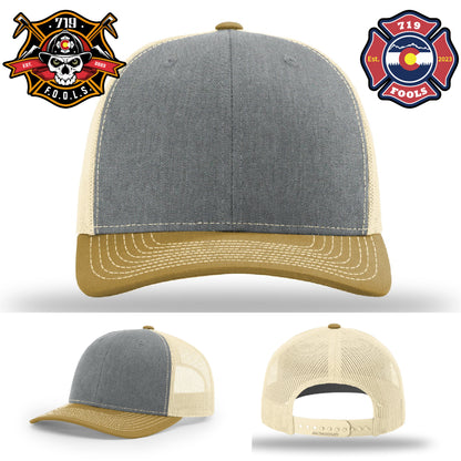 Richardson hat with bold 719 FOOLS leather patch for firefighter crews