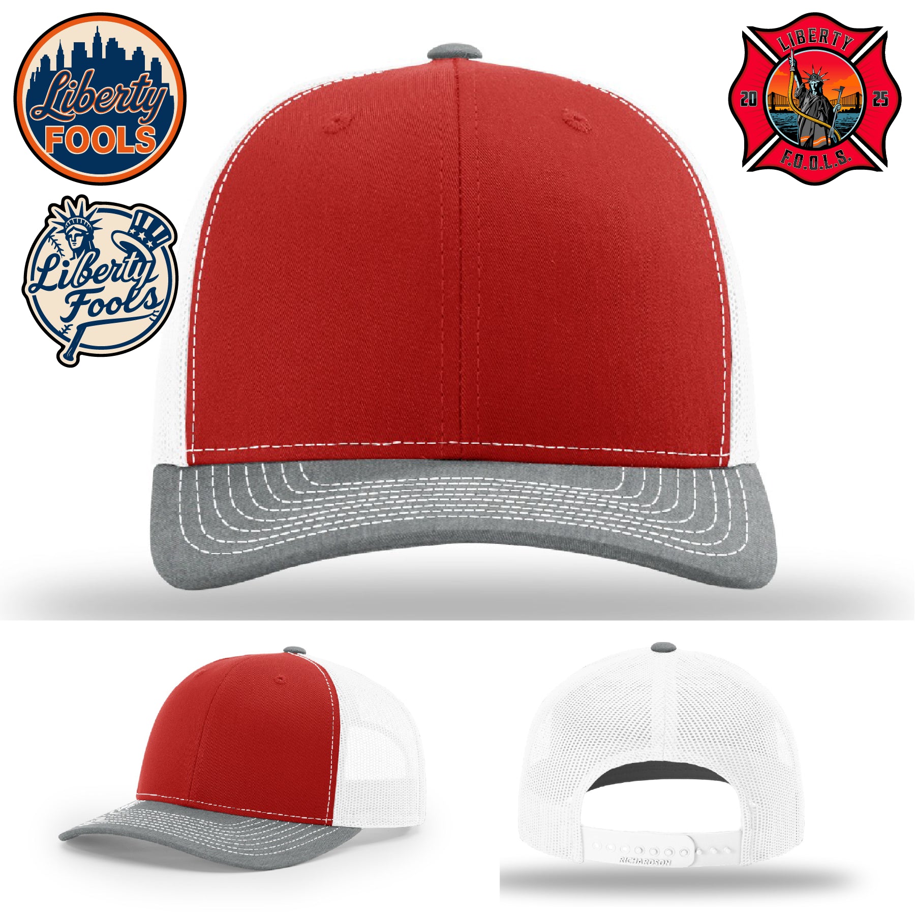 Liberty City FOOLS firefighter hat logo variants – patch logo size and shape variations shown.