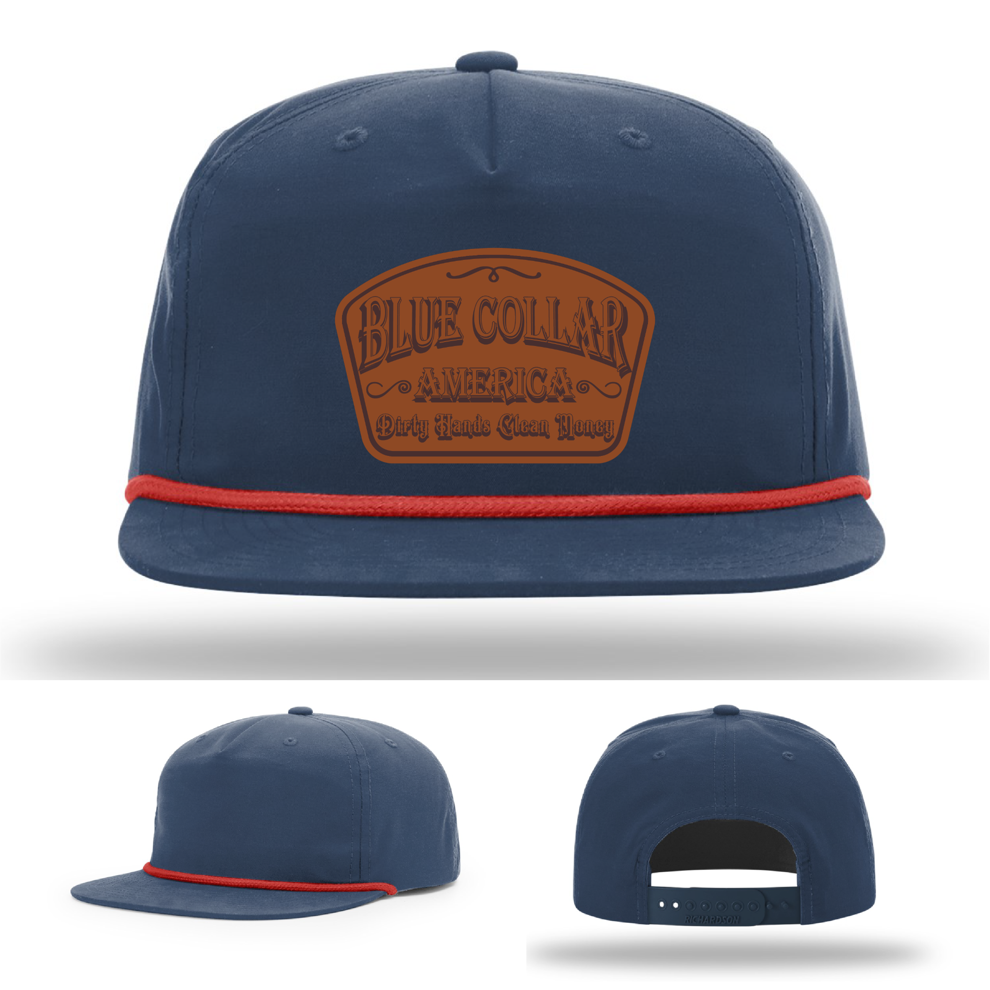 Richardson leather patch hat with 'Blue Collar America – Dirty Hands Clean Money 