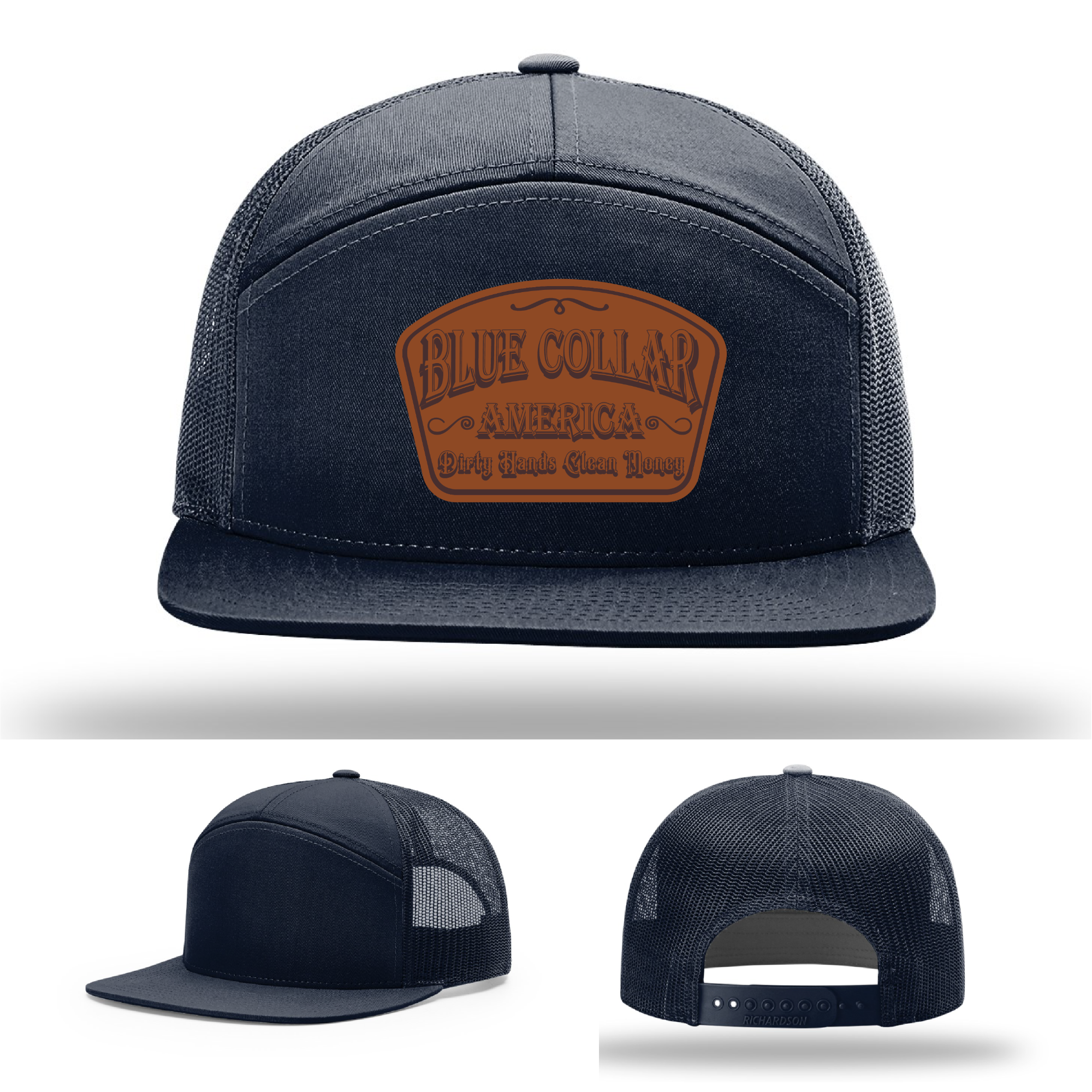 Richardson leather patch hat with 'Blue Collar America – Dirty Hands Clean Money 