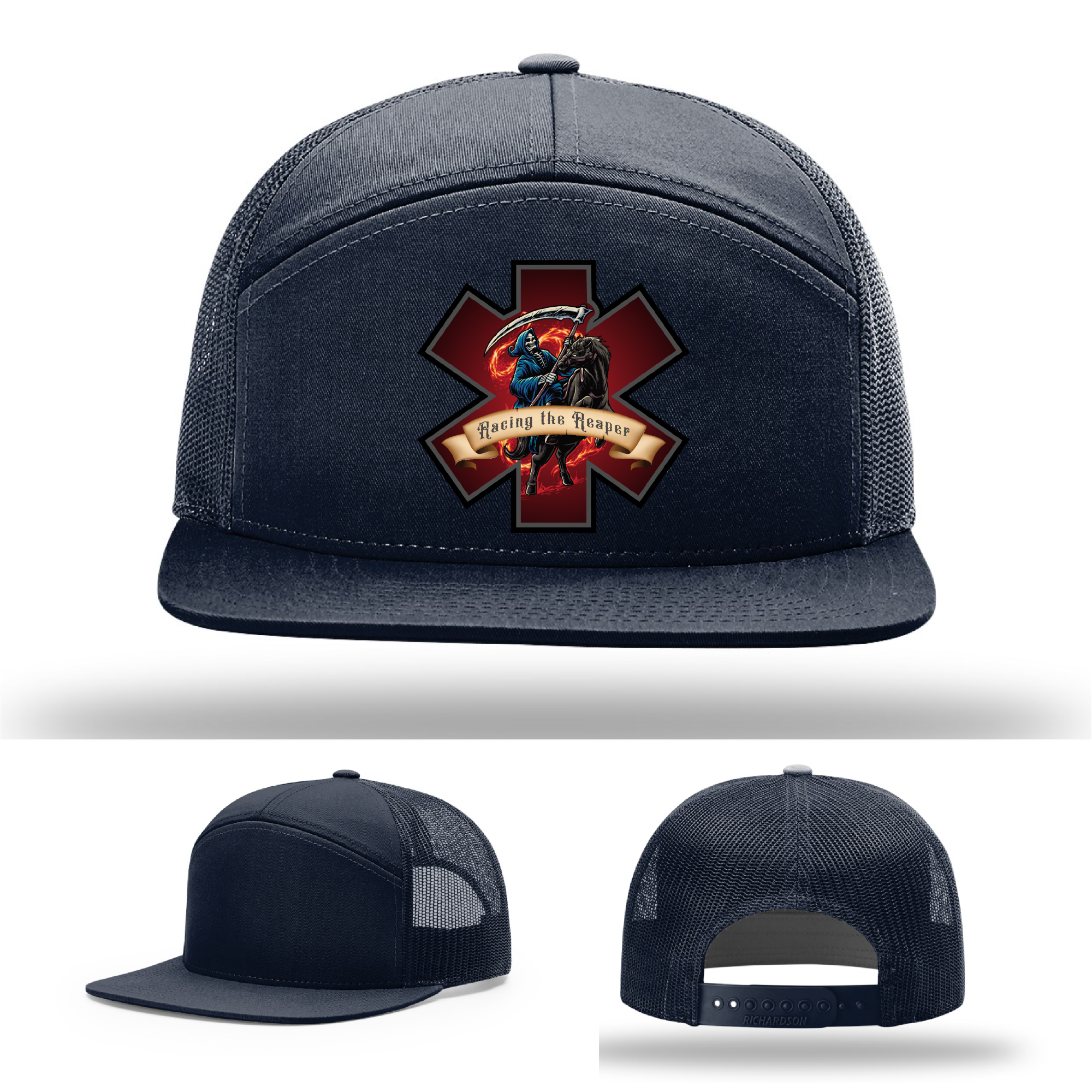 Grim Reaper EMS patch options – leather logos featured on Richardson hat designs