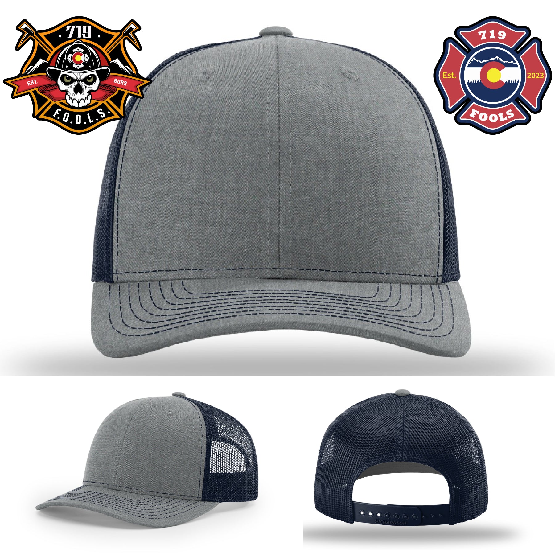 Richardson firefighter hat with detailed 719 FOOLS leather patch