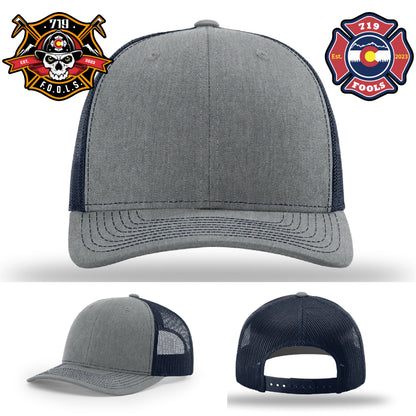 Richardson firefighter hat with detailed 719 FOOLS leather patch