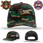 Bold leather patch with 719 FOOLS skull on Richardson firefighter hat