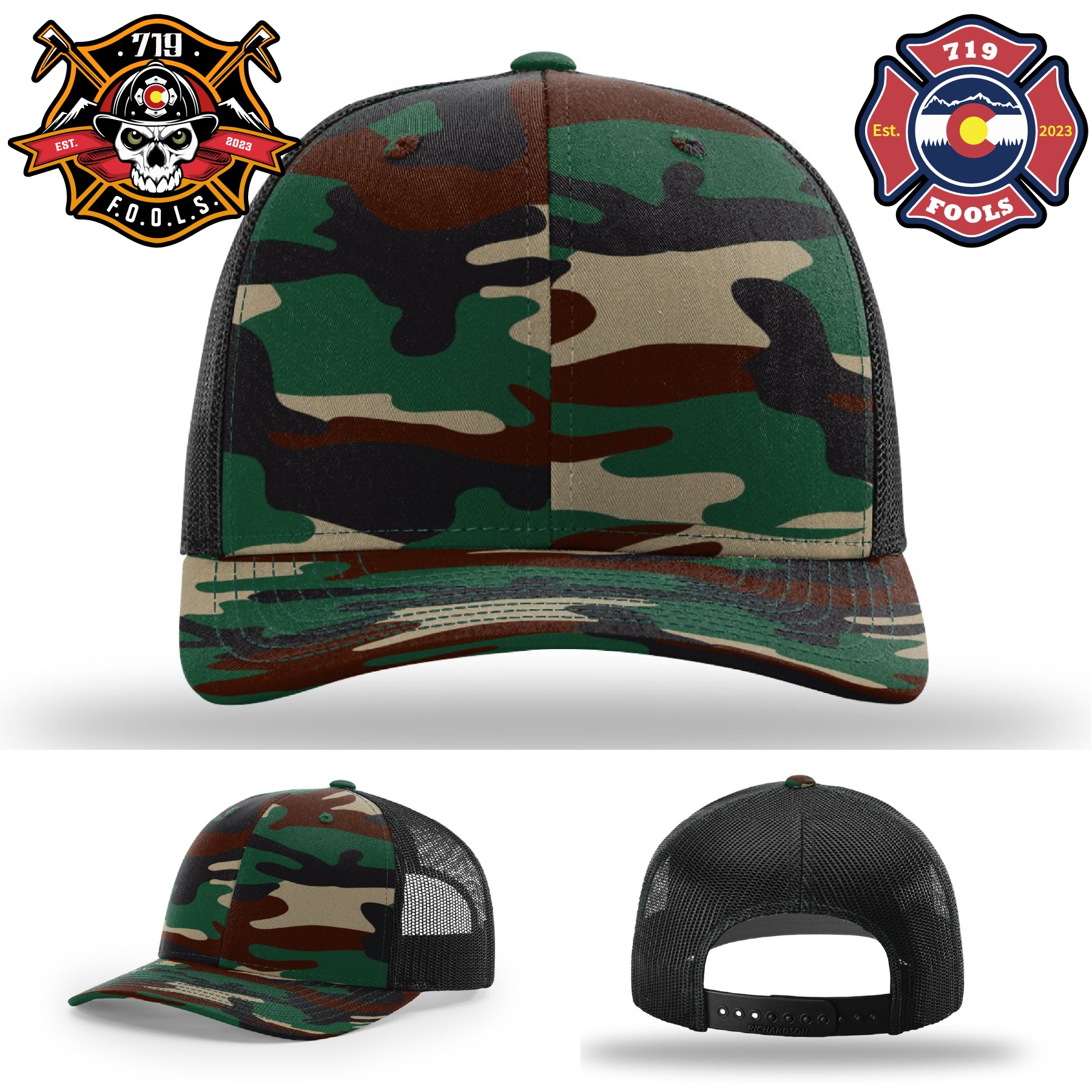 Bold leather patch with 719 FOOLS skull on Richardson firefighter hat
