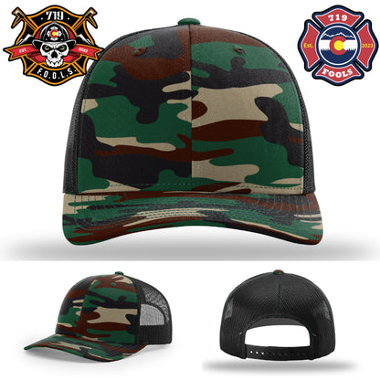 Bold leather patch with 719 FOOLS skull on Richardson firefighter hat