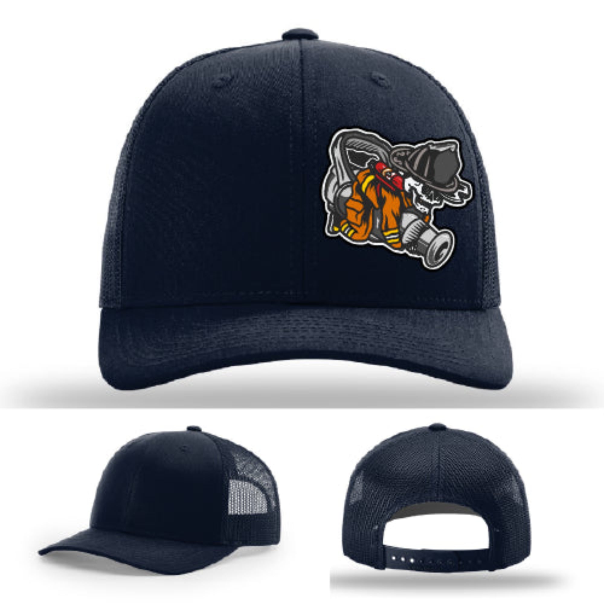 Firefighter lifestyle Richardson hat with fireman patch – patch shows fireman dragging line in action.
