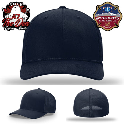 Custom firefighter gear hat with South Metro logo patch
