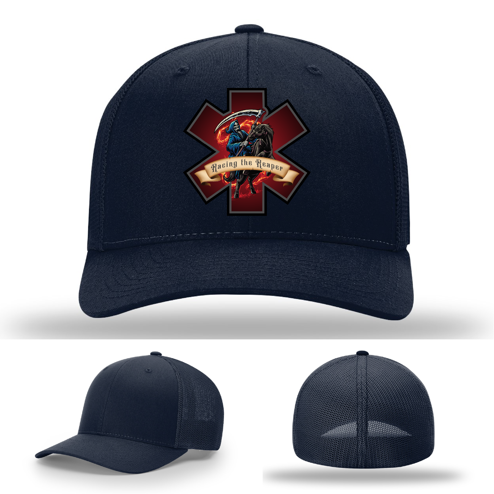 Racing the Reaper skull patch styles – firefighter hat leather logos on Richardson