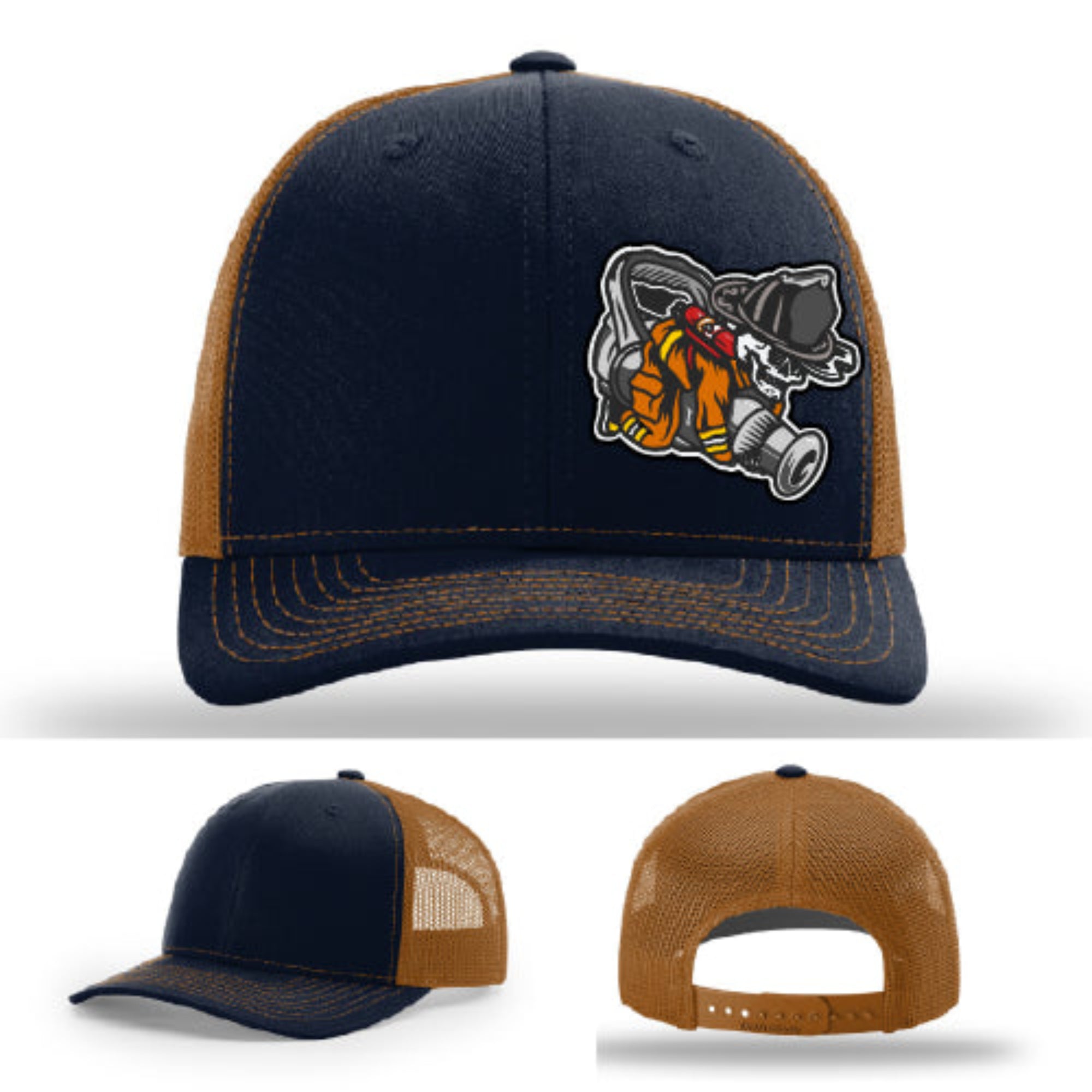 Firefighter lifestyle Richardson hat with fireman patch – features firefighter in turnout gear and helmet.