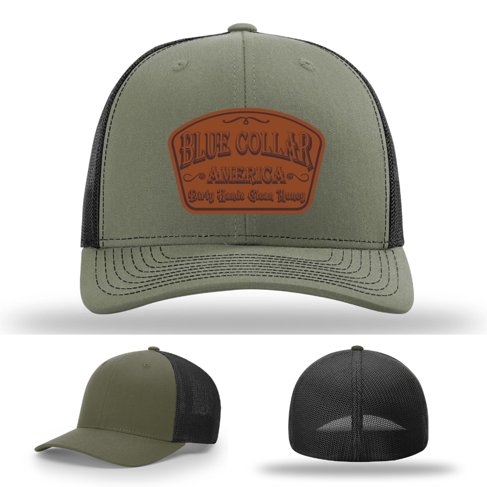 Richardson leather patch hat with 'Blue Collar America – Dirty Hands Clean Money 