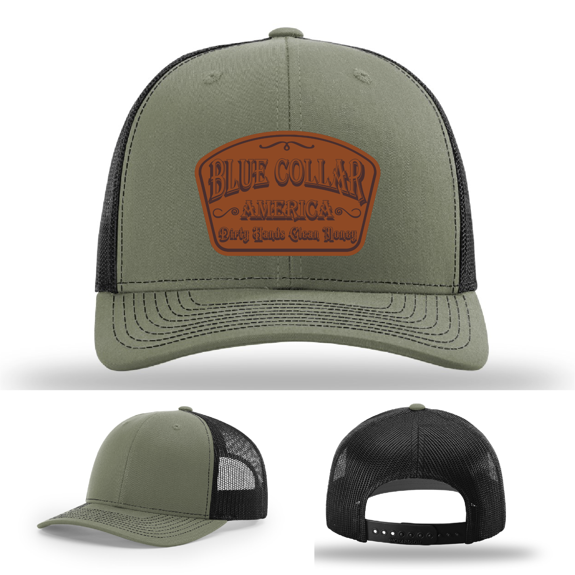 Richardson leather patch hat with 'Blue Collar America – Dirty Hands Clean Money 