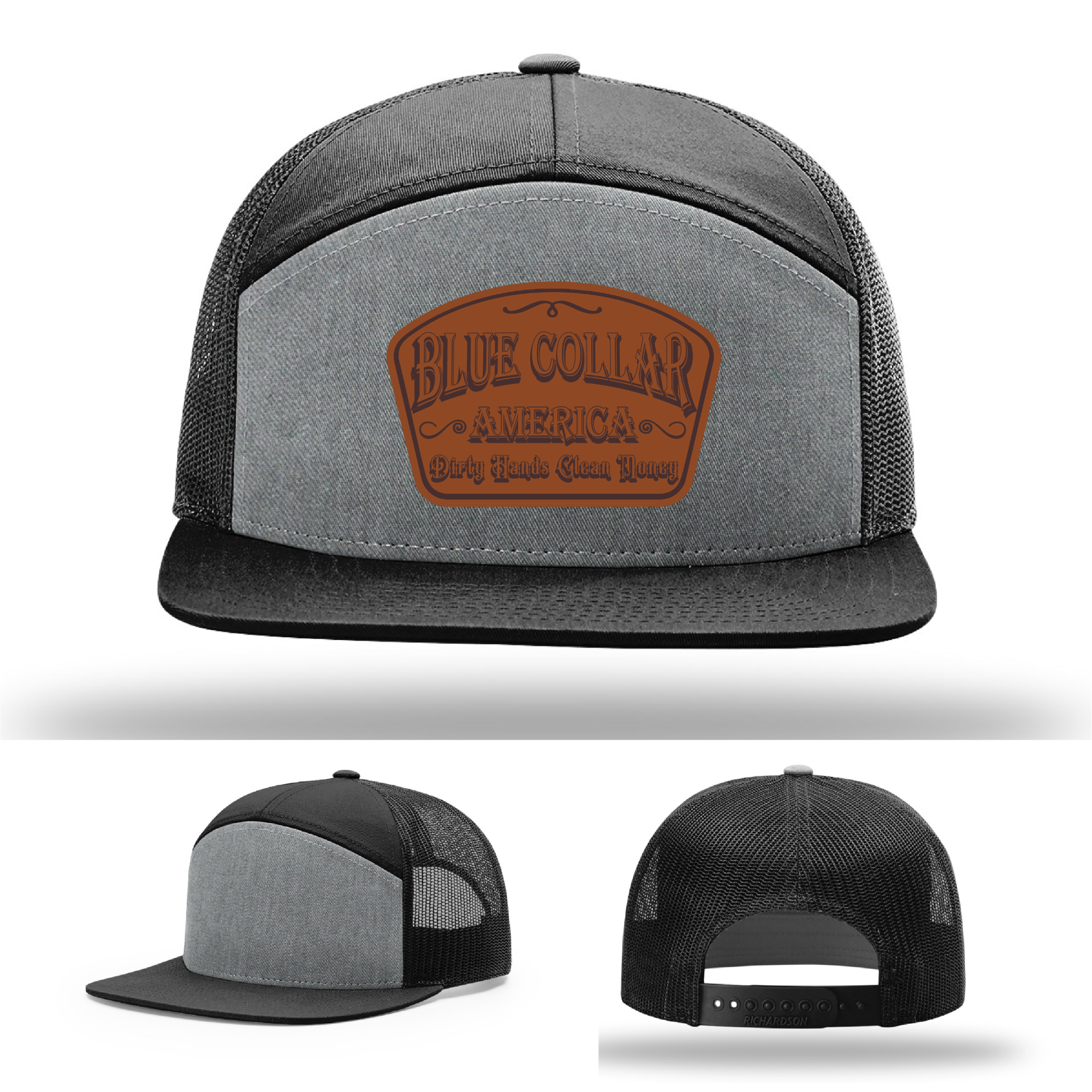 Richardson leather patch hat with 'Blue Collar America – Dirty Hands Clean Money 