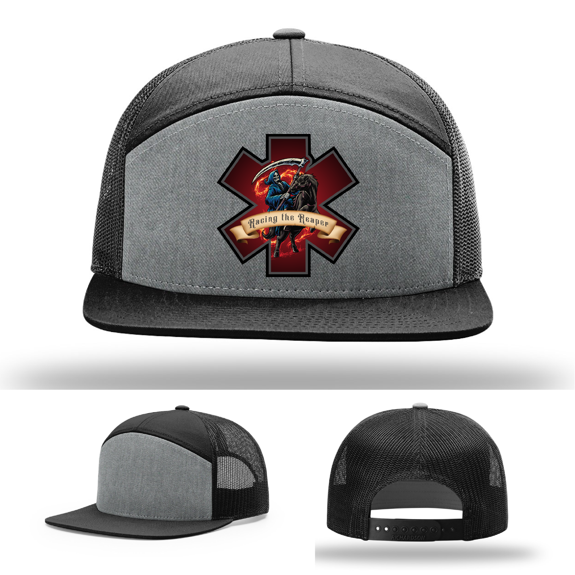 Racing the Reaper firefighter variants – leather patch logo designs on Richardson