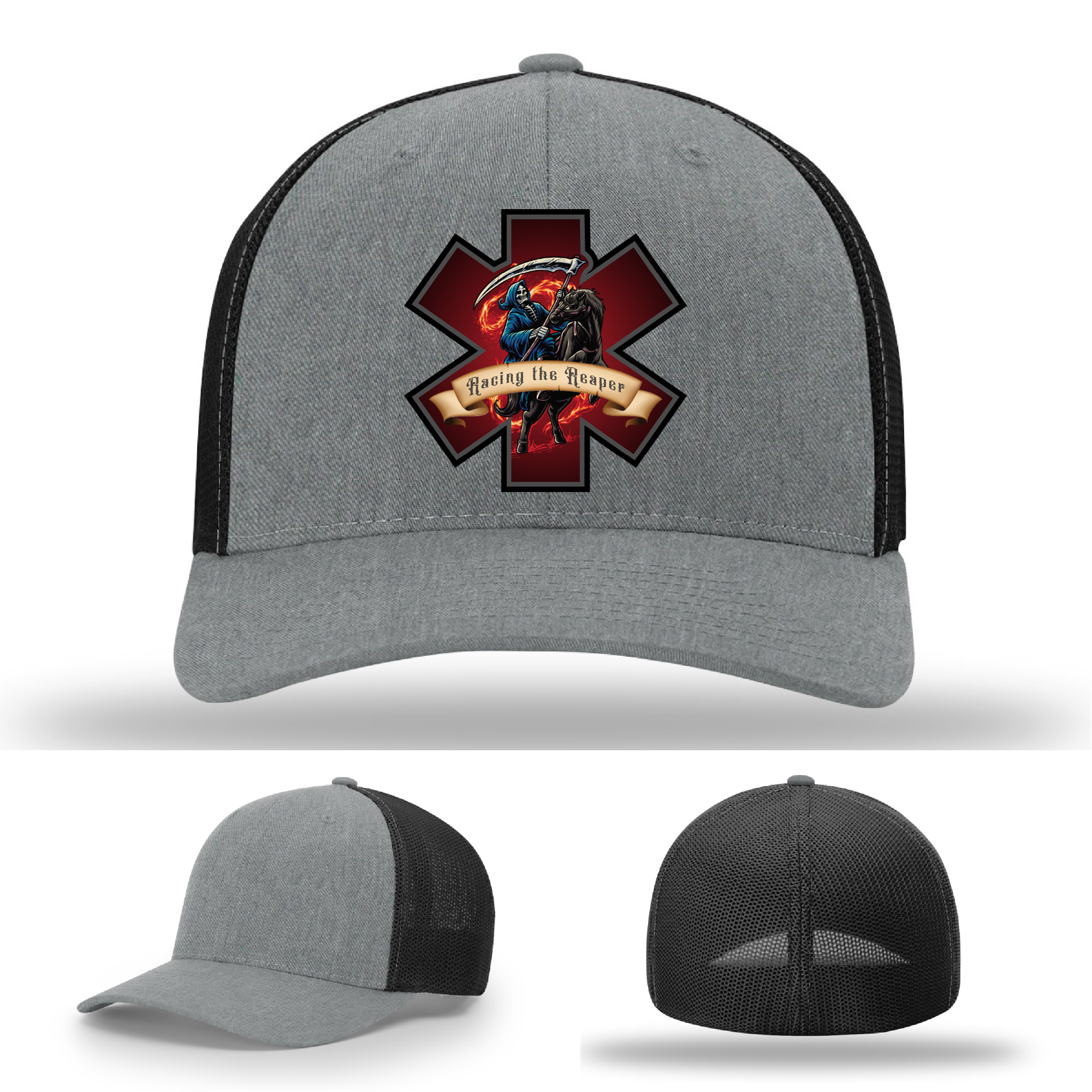 Grim Reaper patch hats – Racing the Reaper designs on firefighter leather logos