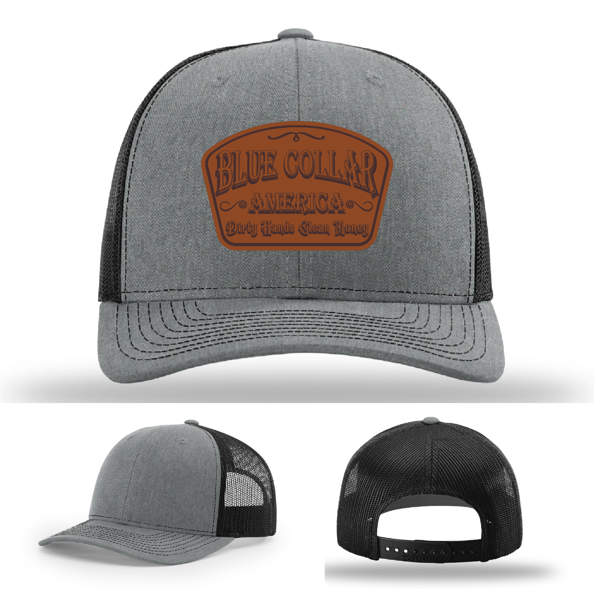 Richardson leather patch hat with 'Blue Collar America – Dirty Hands Clean Money 