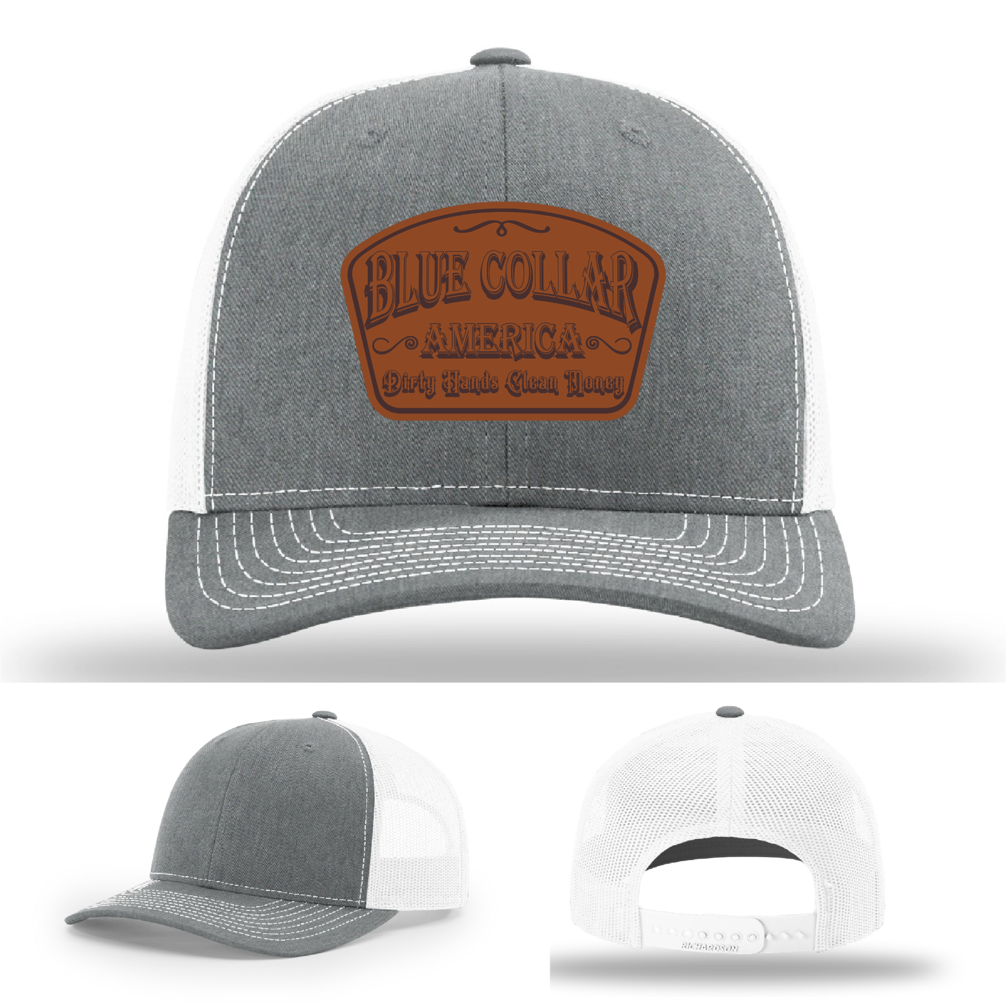 Richardson leather patch hat with 'Blue Collar America – Dirty Hands Clean Money 