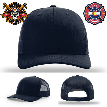Richardson hat with rugged 719 FOOLS leather firefighter patch
