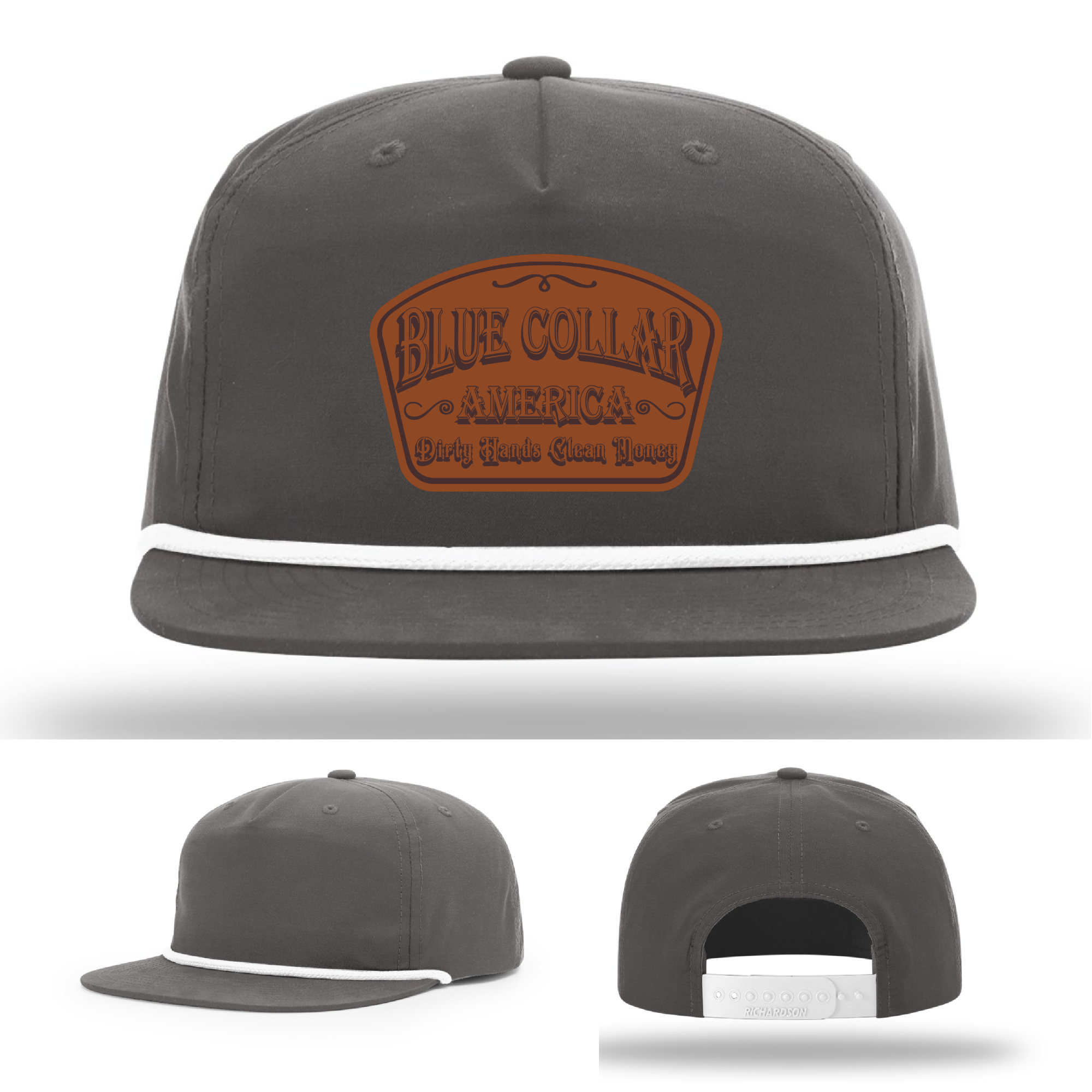 Richardson leather patch hat with 'Blue Collar America – Dirty Hands Clean Money 