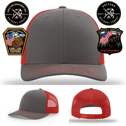 Custom fire patch hat for Hayfork Nation Forest firefighters