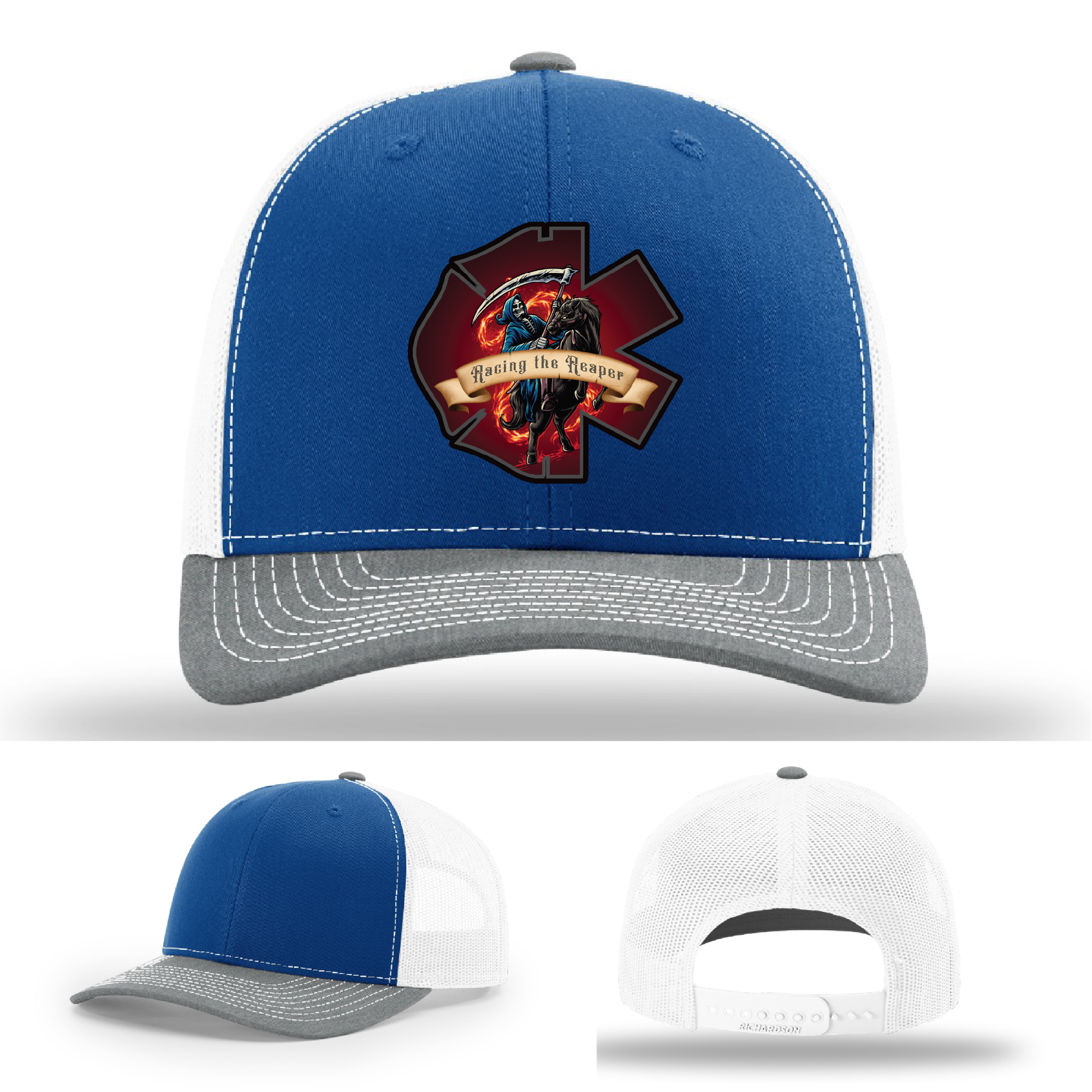 Leather patch variants – Racing the Reaper EMS logo with Grim Reaper design on Richardson hats