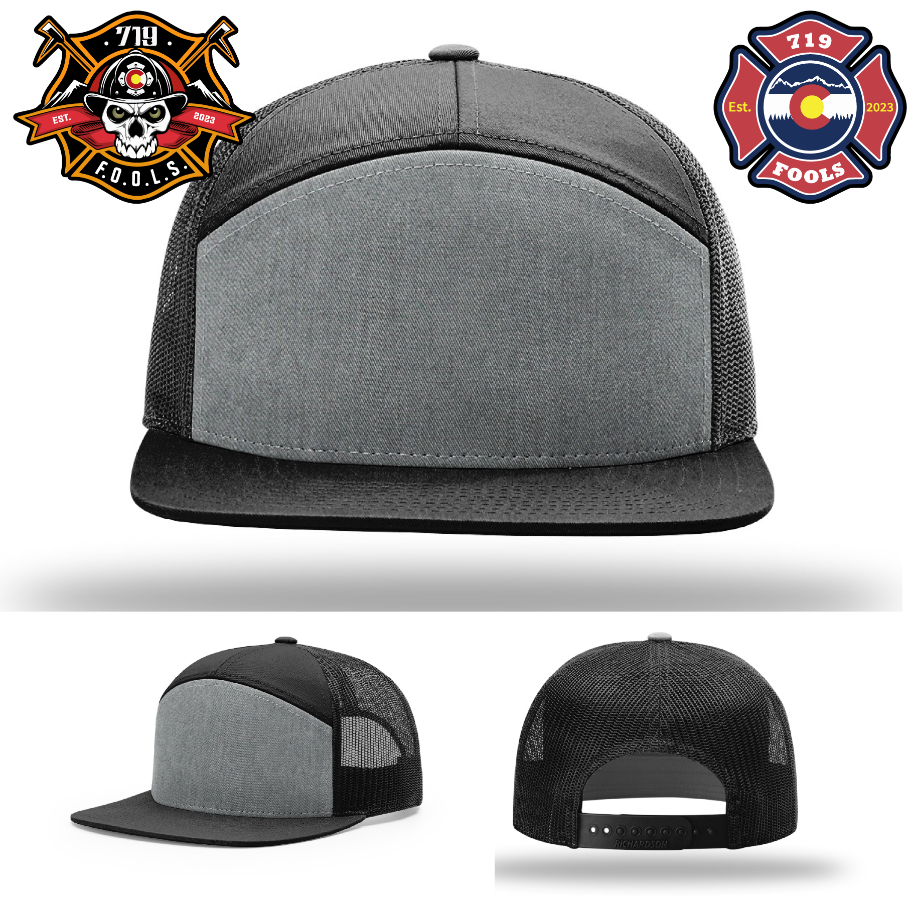 Richardson hat showcasing 719 FOOLS leather firefighter logo
