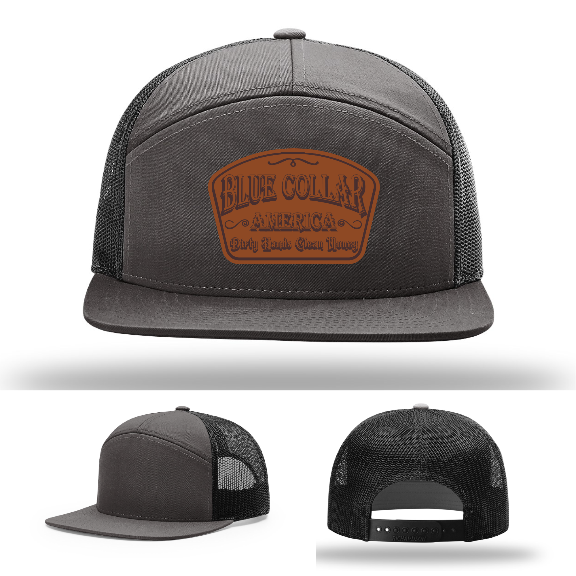 Richardson leather patch hat with 'Blue Collar America – Dirty Hands Clean Money 