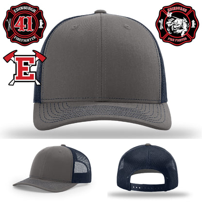 Hat featuring firefighter logo with bold leather patch design