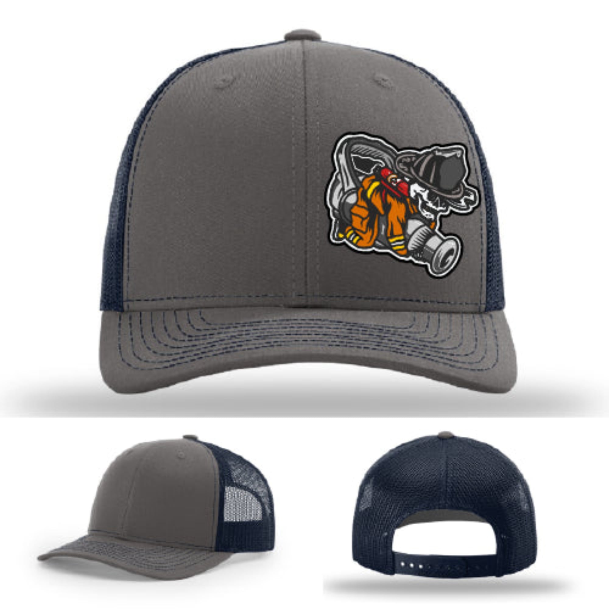 Firefighter lifestyle Richardson hat with fireman patch – hat features a hose-dragging firefighter graphic.