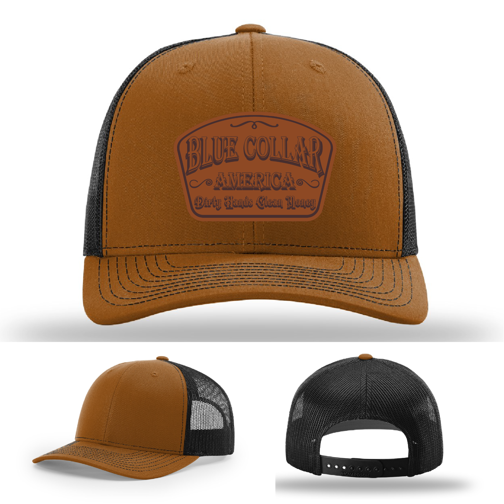 Richardson leather patch hat with 'Blue Collar America – Dirty Hands Clean Money 