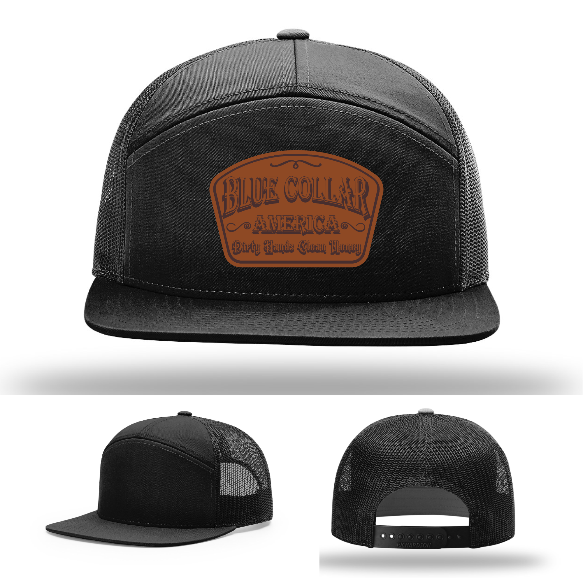 Richardson leather patch hat with 'Blue Collar America – Dirty Hands Clean Money 