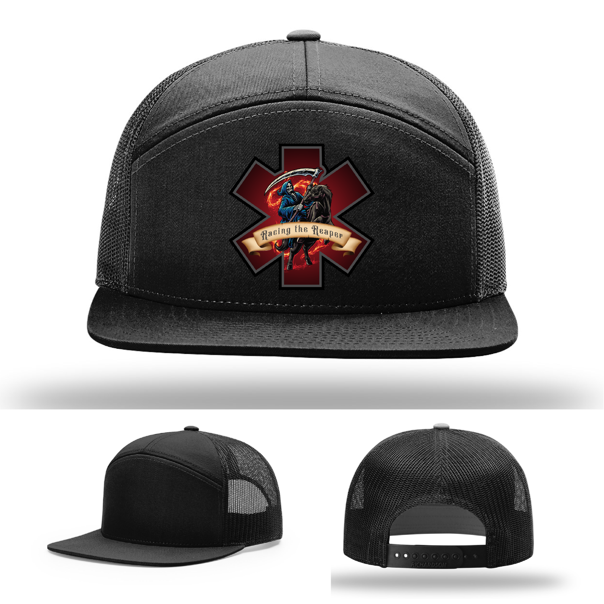 Multiple Racing the Reaper leather designs – firefighter patches on Richardson hats
